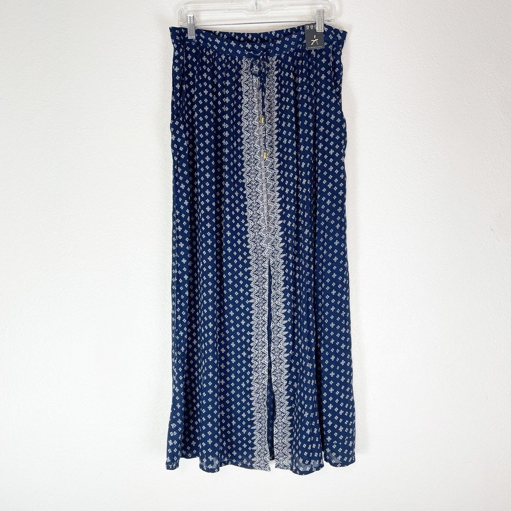 New Atmosphere Primark Maxi Skirt 12 Boho Elastic Waist Front‎ Slit Pockets Blue
